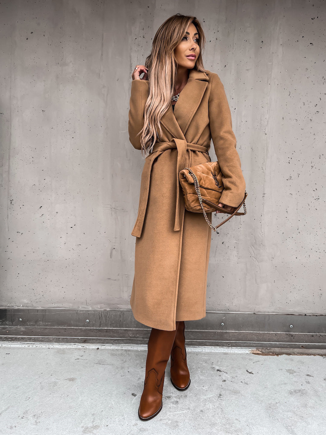 Autumn Winter Women Clothing Solid Color Polo Collar Long Sleeved Woolen Coat Simple Lace up Trench Coat - ALTARIA