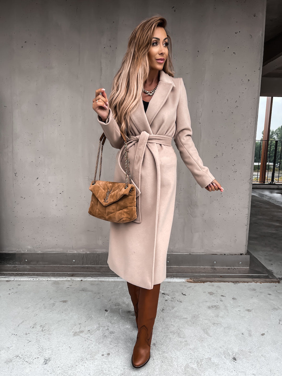 Autumn Winter Women Clothing Solid Color Polo Collar Long Sleeved Woolen Coat Simple Lace up Trench Coat - ALTARIA