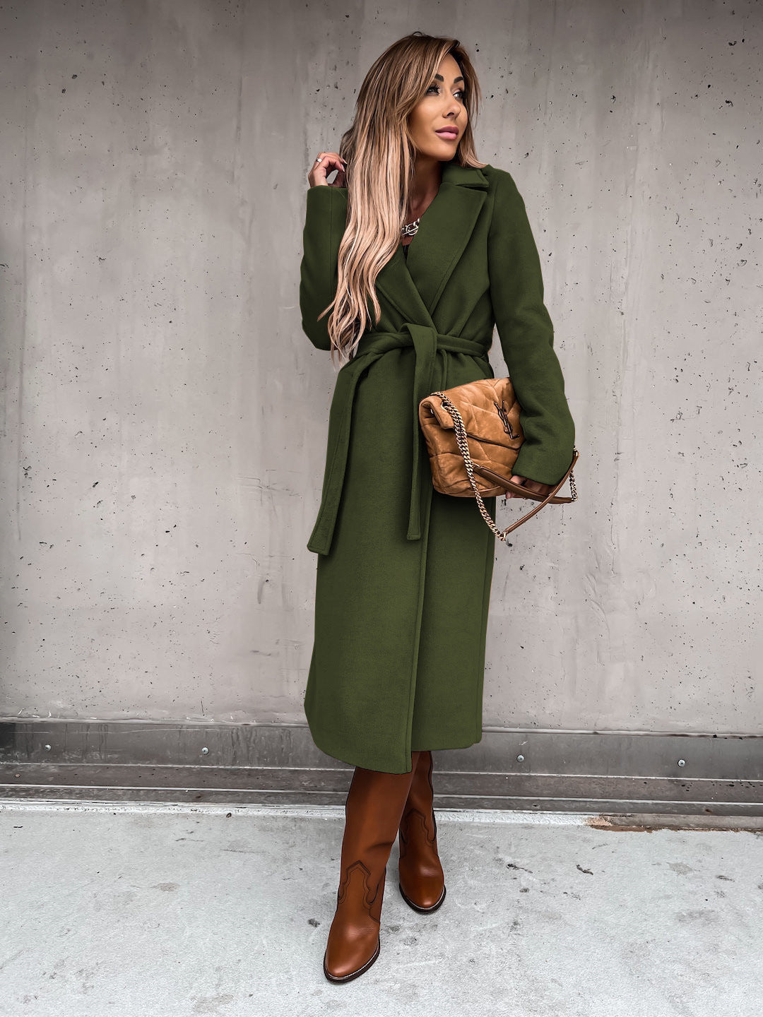 Autumn Winter Women Clothing Solid Color Polo Collar Long Sleeved Woolen Coat Simple Lace up Trench Coat - ALTARIA