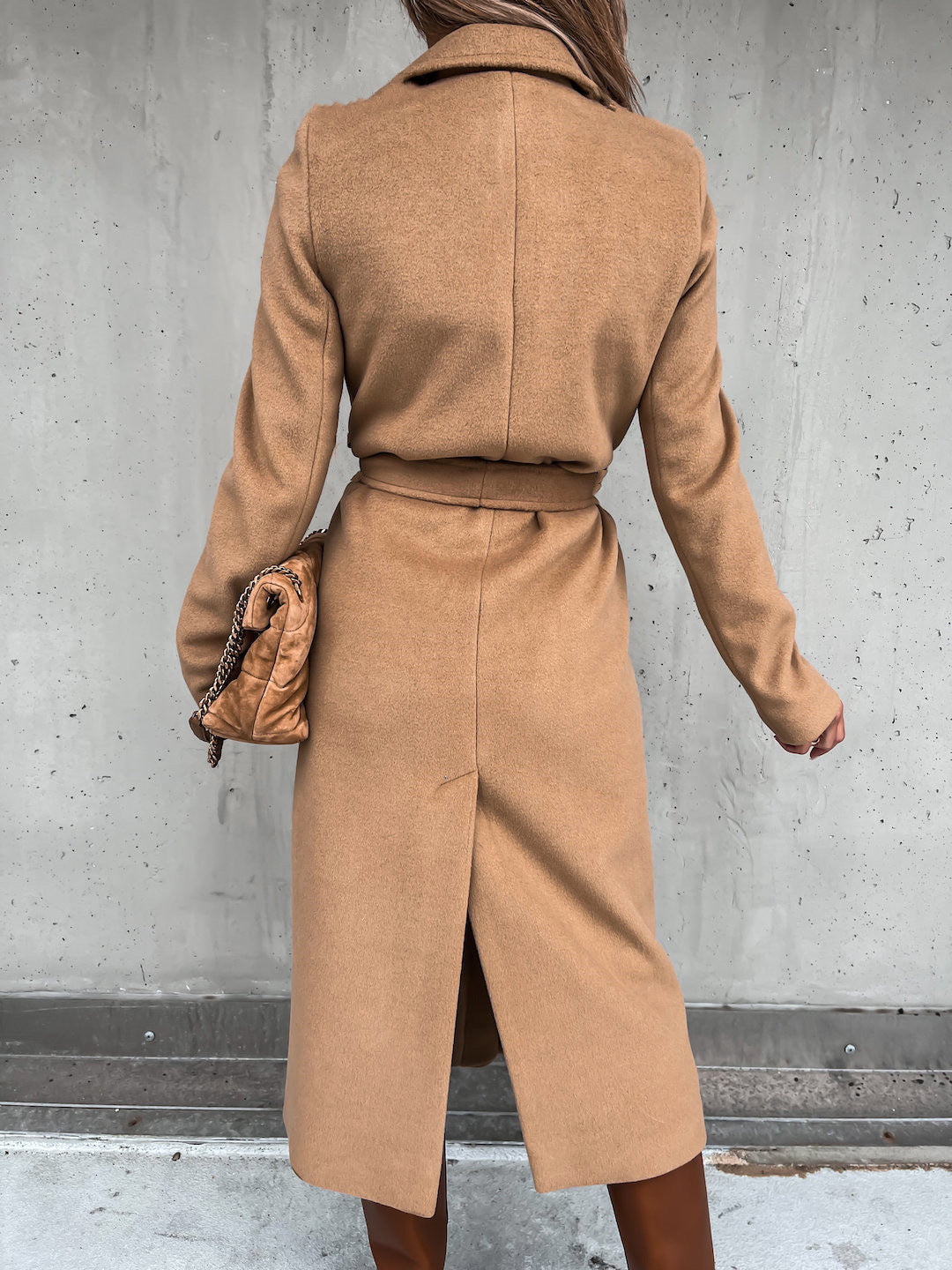 Autumn Winter Women Clothing Solid Color Polo Collar Long Sleeved Woolen Coat Simple Lace up Trench Coat - ALTARIA