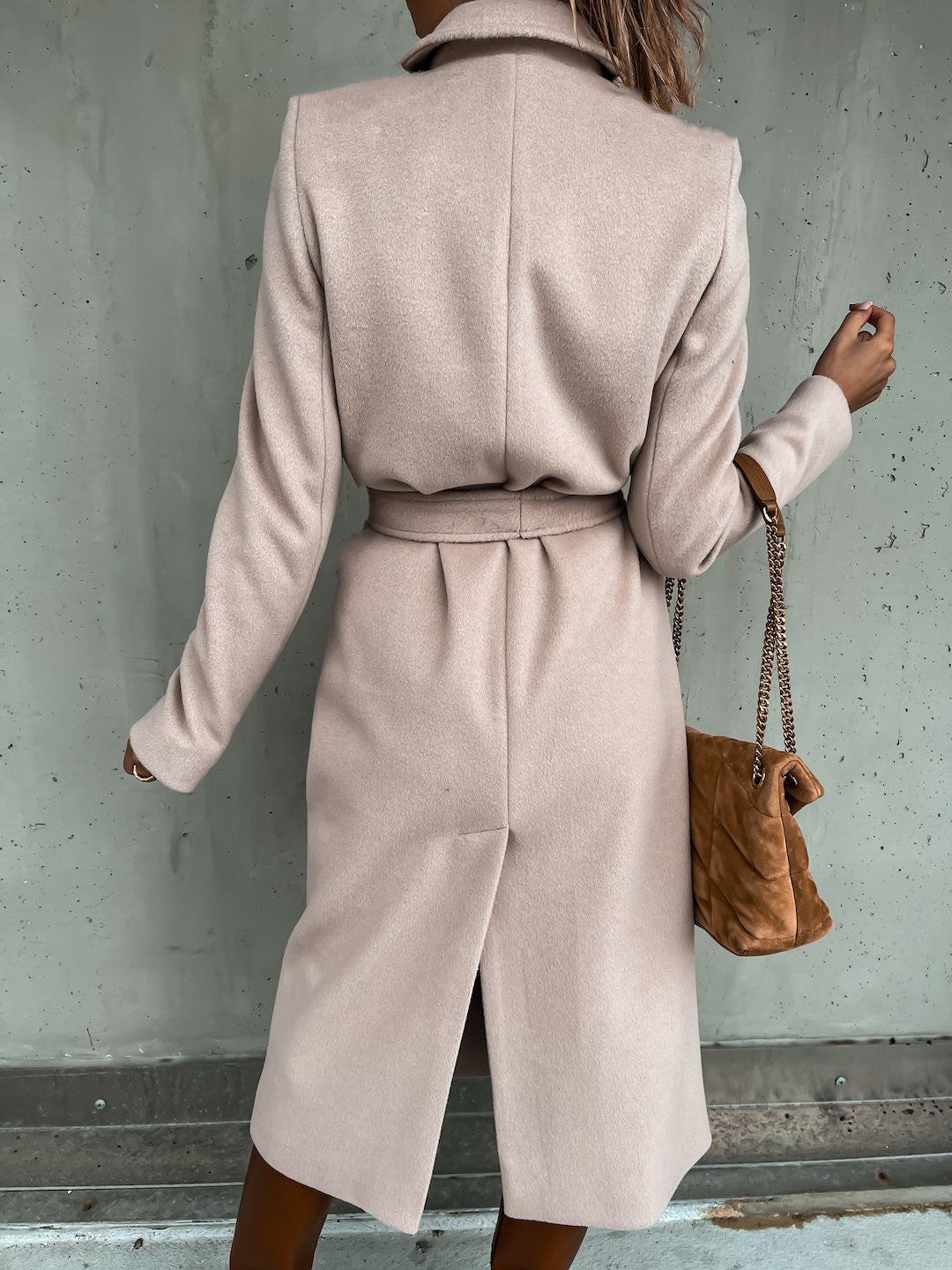Autumn Winter Women Clothing Solid Color Polo Collar Long Sleeved Woolen Coat Simple Lace up Trench Coat - ALTARIA