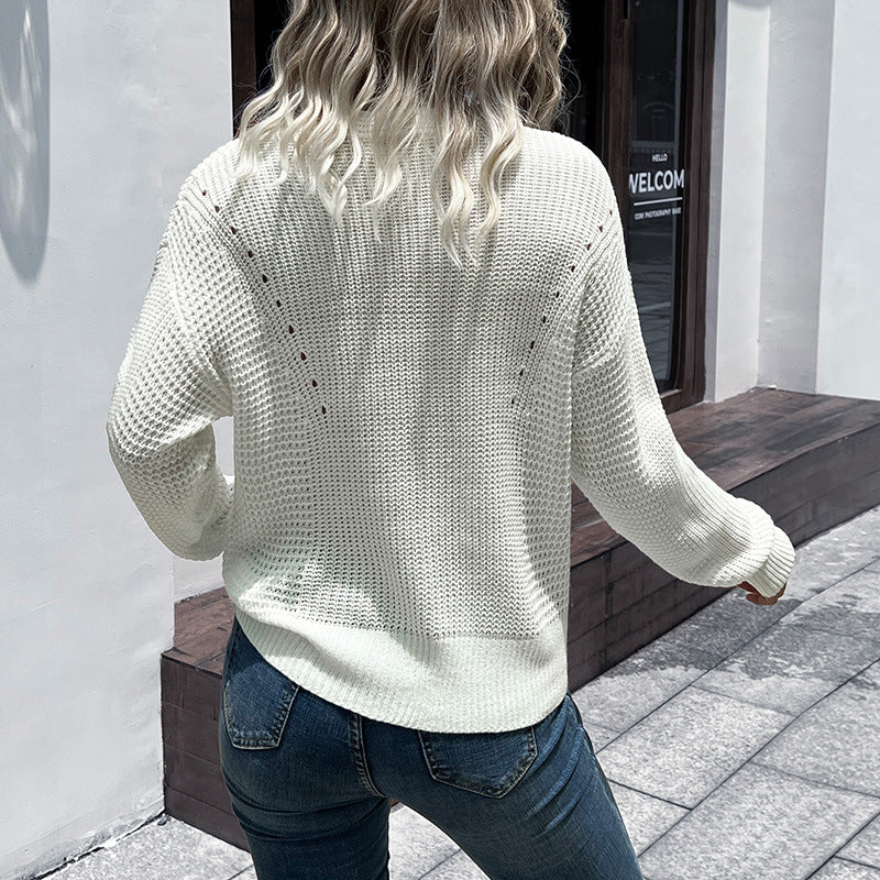 Autumn Winter Women Wear White Long Sleeve V neck Cable Knit Sweater - ALTARIA