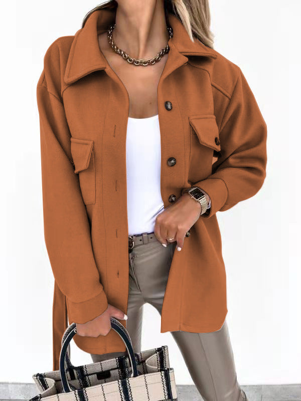 Fall Winter Lapels Single Breasted Thickened Solid Color Shirt Woolen Baggy Coat Female - ALTARIA