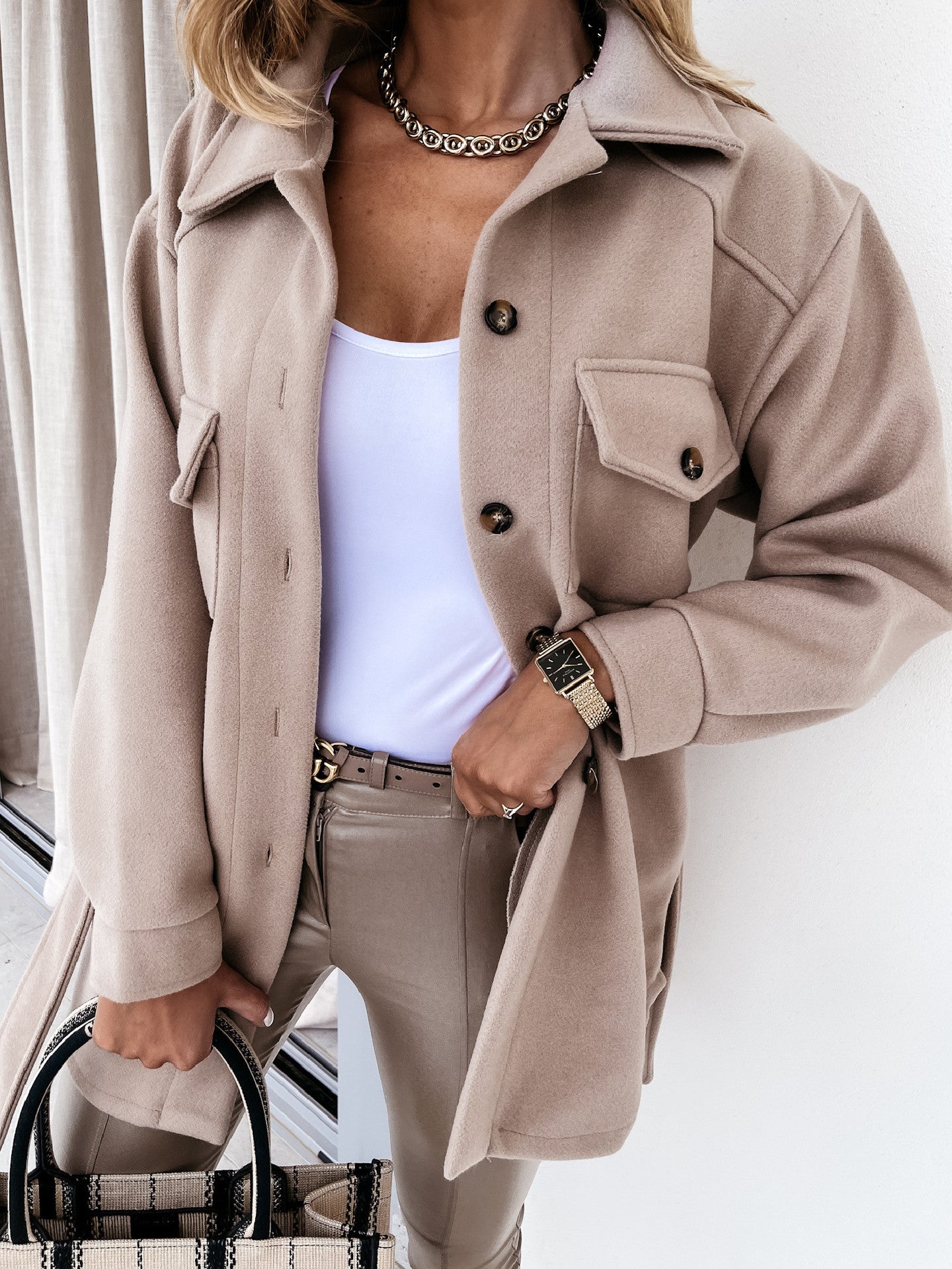 Fall Winter Lapels Single Breasted Thickened Solid Color Shirt Woolen Baggy Coat Female - ALTARIA