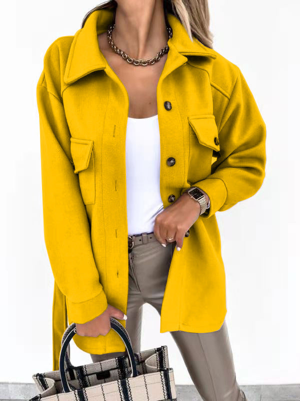 Fall Winter Lapels Single Breasted Thickened Solid Color Shirt Woolen Baggy Coat Female - ALTARIA