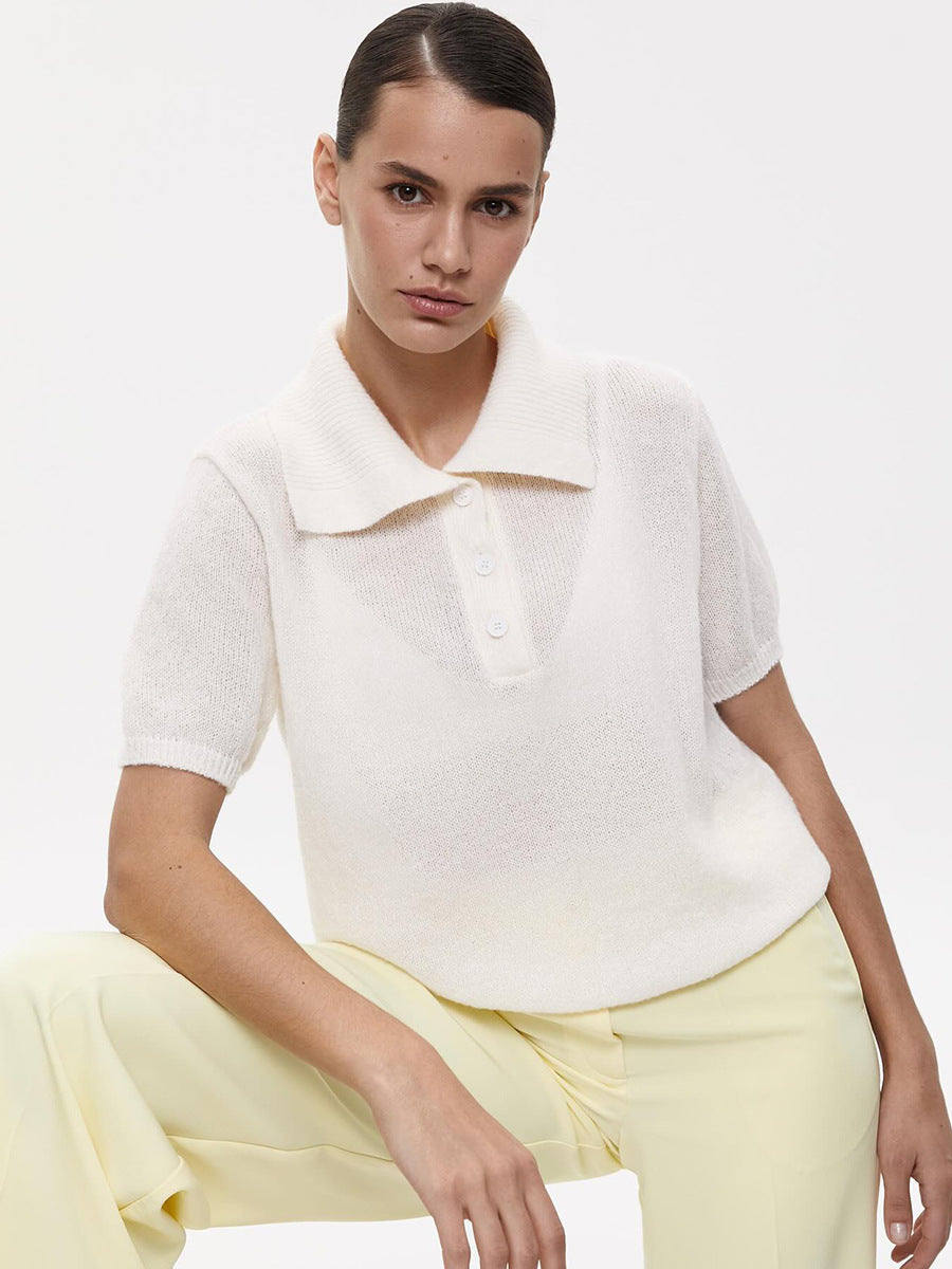 Polo Hollow Out Cutout Knitted Sweater with Short Sleeves Spring Summer Puff Sleeve T shirt Simple Knitting Sweater for Women - ALTARIA