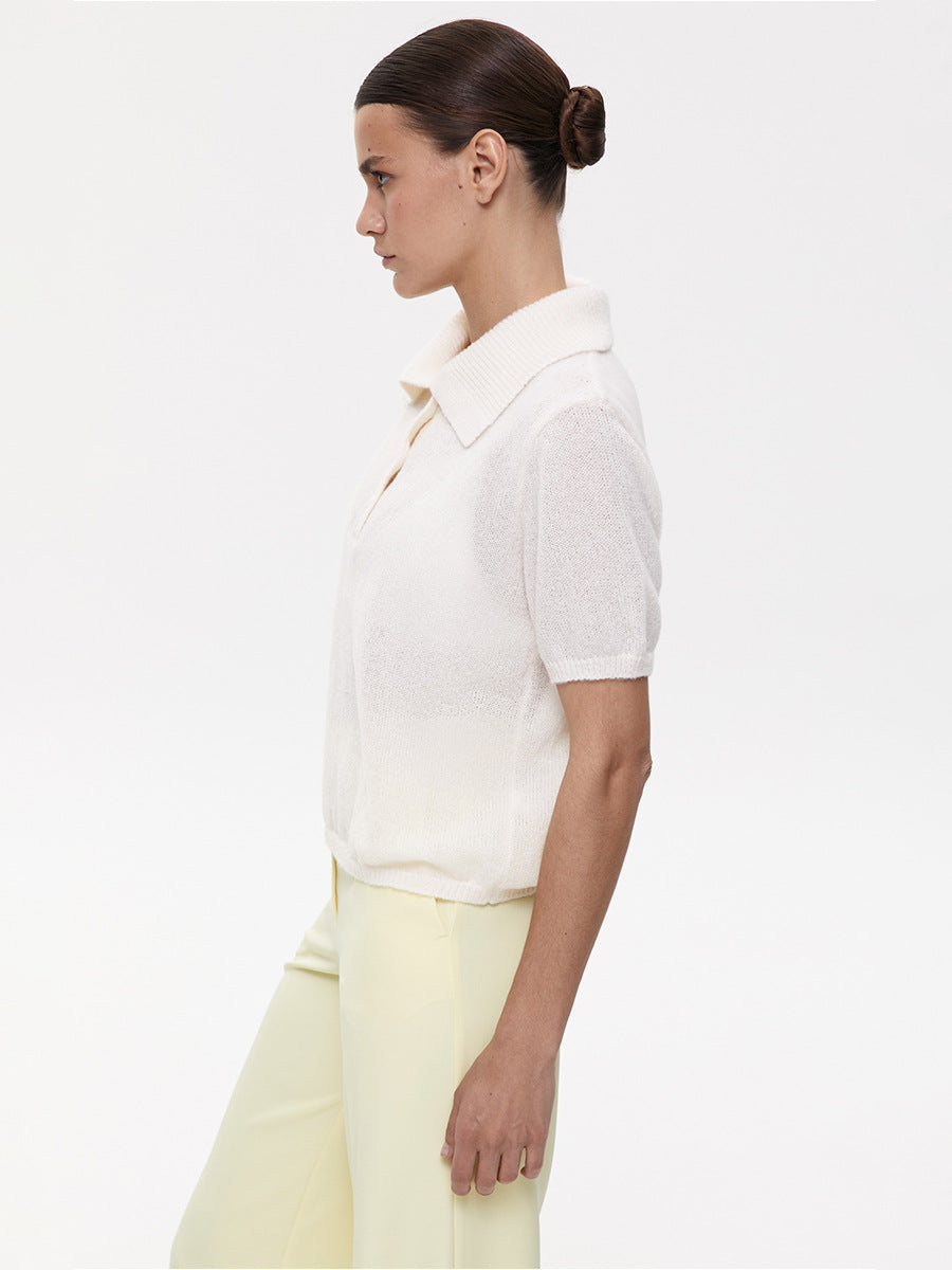 Polo Hollow Out Cutout Knitted Sweater with Short Sleeves Spring Summer Puff Sleeve T shirt Simple Knitting Sweater for Women - ALTARIA