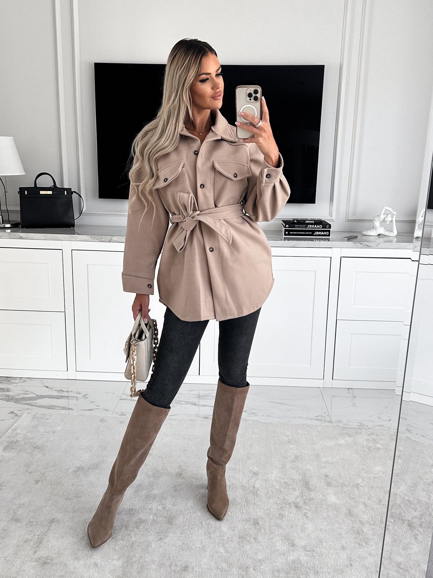 Women Autumn Winter Fashion Belt Solid Color Woolen Jacket - ALTARIA
