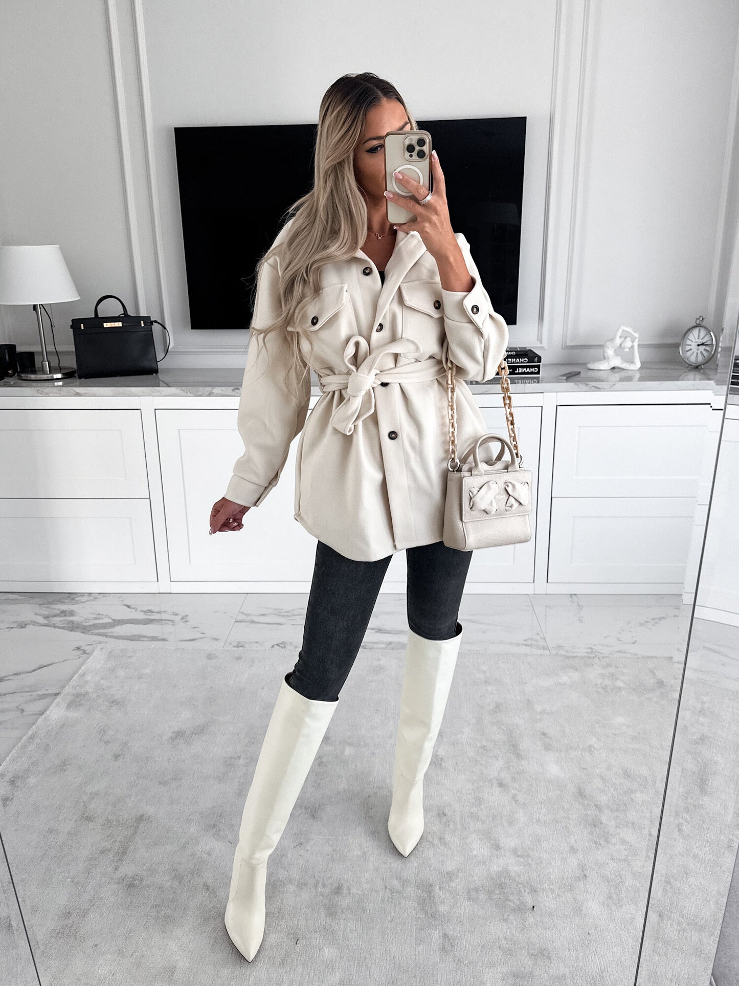 Women Autumn Winter Fashion Belt Solid Color Woolen Jacket - ALTARIA
