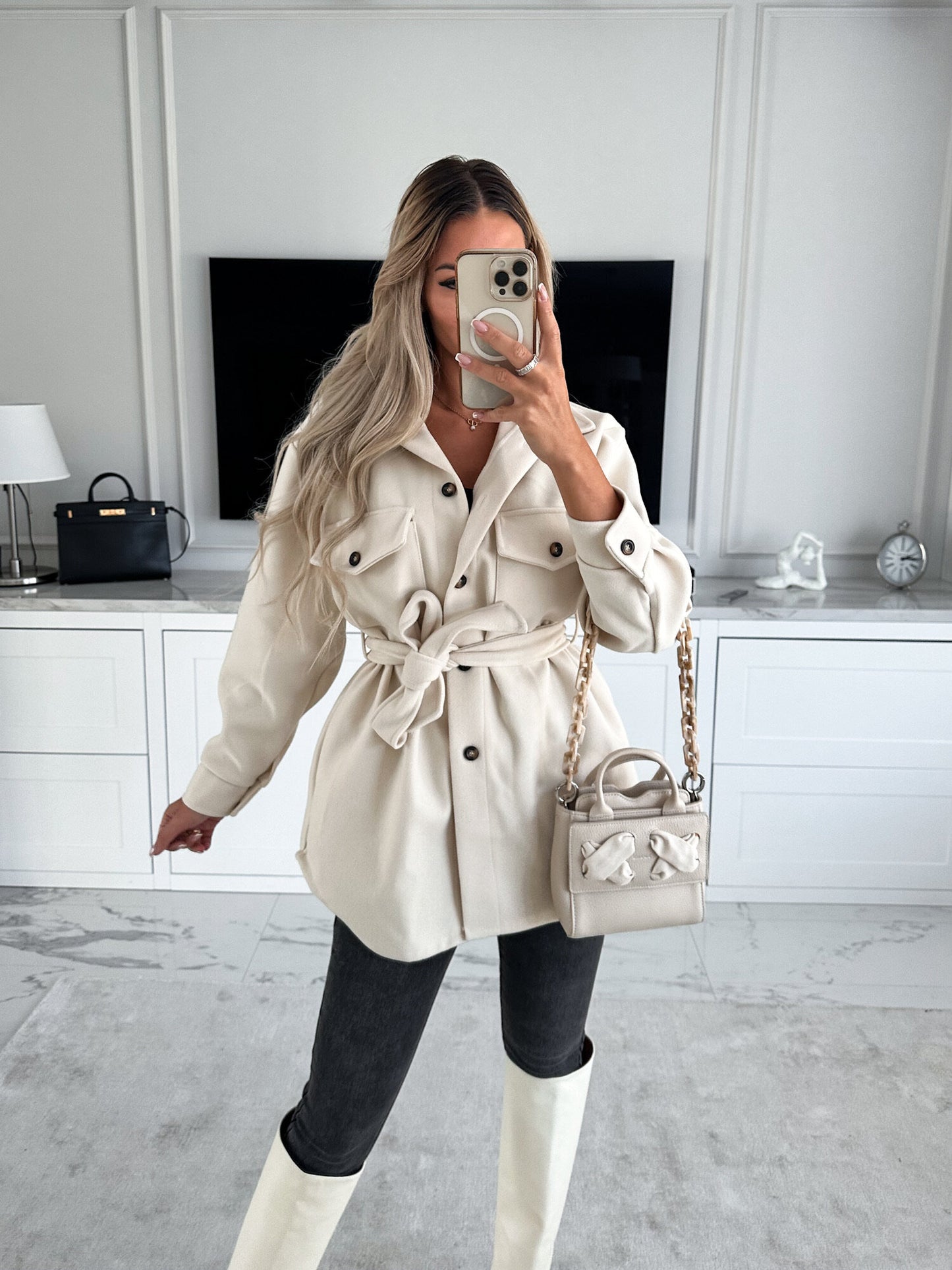 Women Autumn Winter Fashion Belt Solid Color Woolen Jacket - ALTARIA