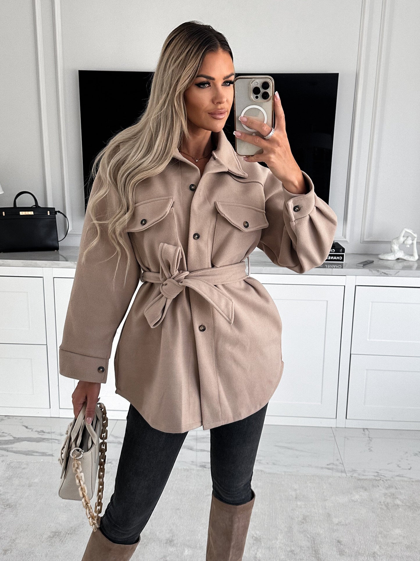 Women Autumn Winter Fashion Belt Solid Color Woolen Jacket - ALTARIA