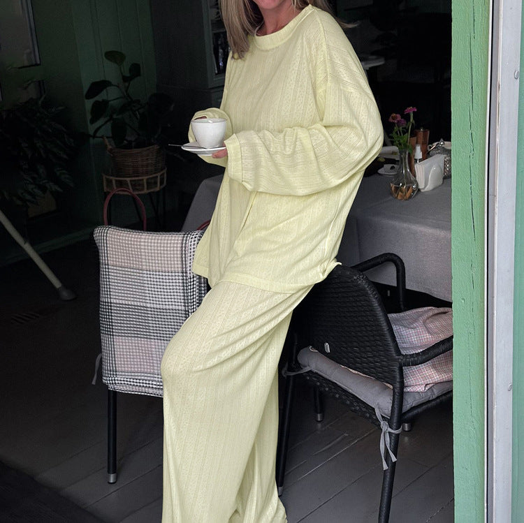 Jacquard Comfortable Lazy Set Women Solid Color round Neck Loose Long Sleeve Top Trousers Two Piece Set - ALTARIA