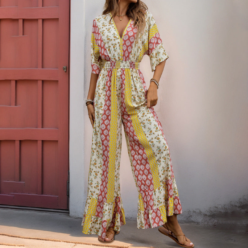 Women Five Quarter Sleeve V neck Geometric Abstract Striped Floral Printed Jumpsuit - ALTARIA