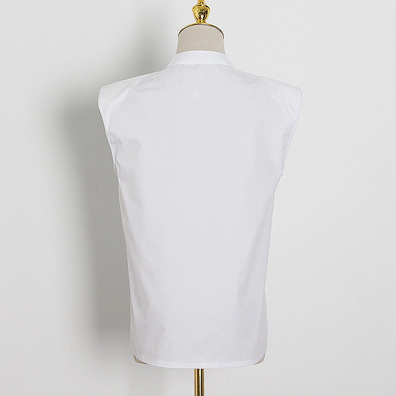 Fall Niche Design Elegant Sexy White Padded Shoulder Sleeveless Collared Shirt Top - ALTARIA