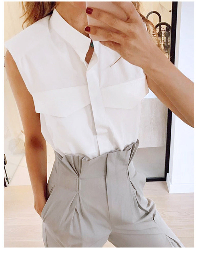 Fall Niche Design Elegant Sexy White Padded Shoulder Sleeveless Collared Shirt Top - ALTARIA