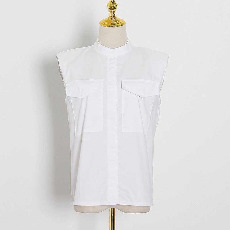 Fall Niche Design Elegant Sexy White Padded Shoulder Sleeveless Collared Shirt Top - ALTARIA