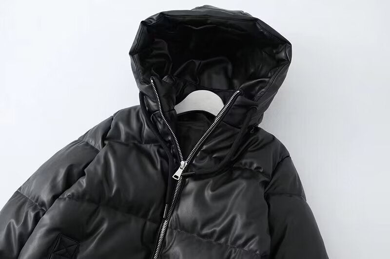Hooded Faux Leather Coat Women Mid Length Leather Jacket Thermal Cold Proof Clothing Cotton Coat Jacket - ALTARIA