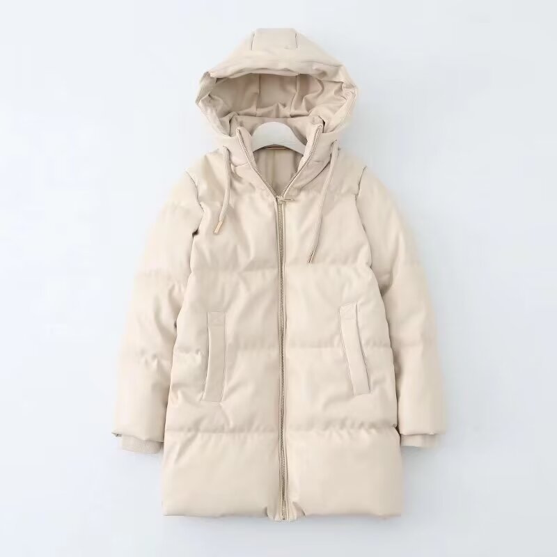 Hooded Faux Leather Coat Women Mid Length Leather Jacket Thermal Cold Proof Clothing Cotton Coat Jacket - ALTARIA