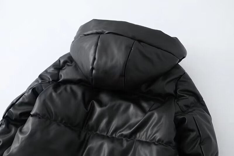Hooded Faux Leather Coat Women Mid Length Leather Jacket Thermal Cold Proof Clothing Cotton Coat Jacket - ALTARIA