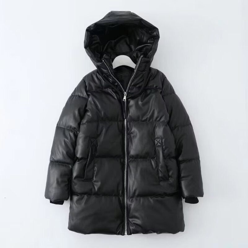 Hooded Faux Leather Coat Women Mid Length Leather Jacket Thermal Cold Proof Clothing Cotton Coat Jacket - ALTARIA