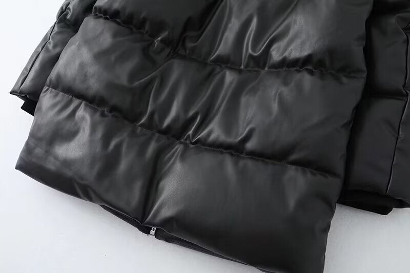 Hooded Faux Leather Coat Women Mid Length Leather Jacket Thermal Cold Proof Clothing Cotton Coat Jacket - ALTARIA