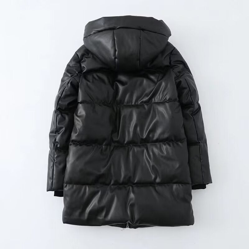 Hooded Faux Leather Coat Women Mid Length Leather Jacket Thermal Cold Proof Clothing Cotton Coat Jacket - ALTARIA