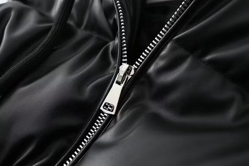 Hooded Faux Leather Coat Women Mid Length Leather Jacket Thermal Cold Proof Clothing Cotton Coat Jacket - ALTARIA