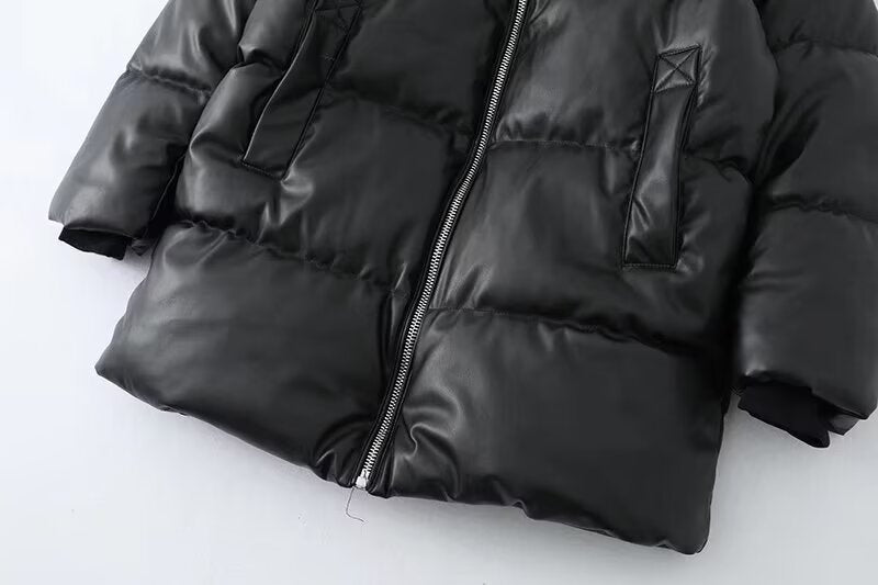 Hooded Faux Leather Coat Women Mid Length Leather Jacket Thermal Cold Proof Clothing Cotton Coat Jacket - ALTARIA