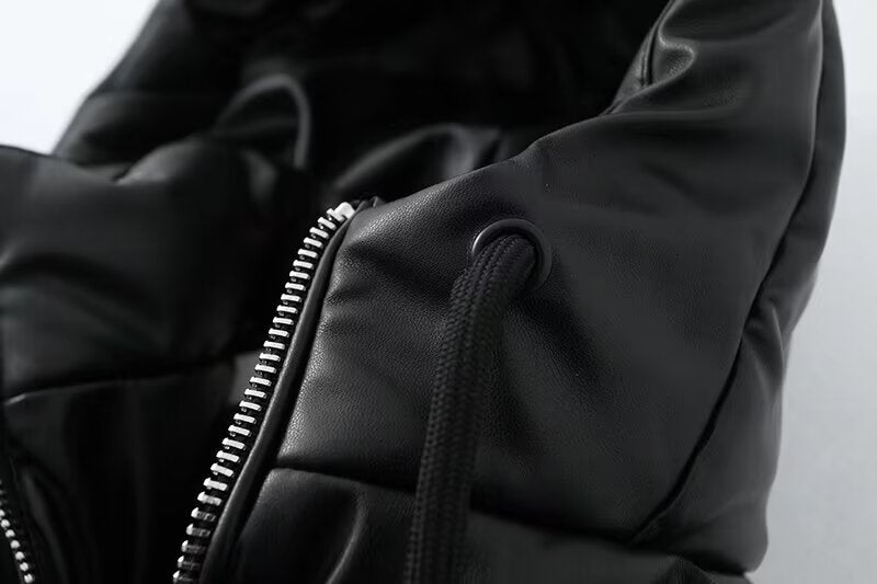 Hooded Faux Leather Coat Women Mid Length Leather Jacket Thermal Cold Proof Clothing Cotton Coat Jacket - ALTARIA