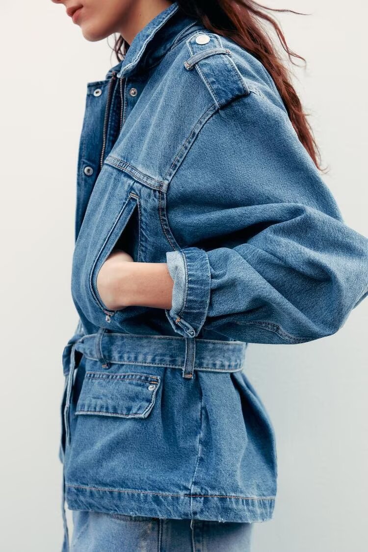 Spring Summer Women Clothing Commuting Lace up Denim Shacket - ALTARIA