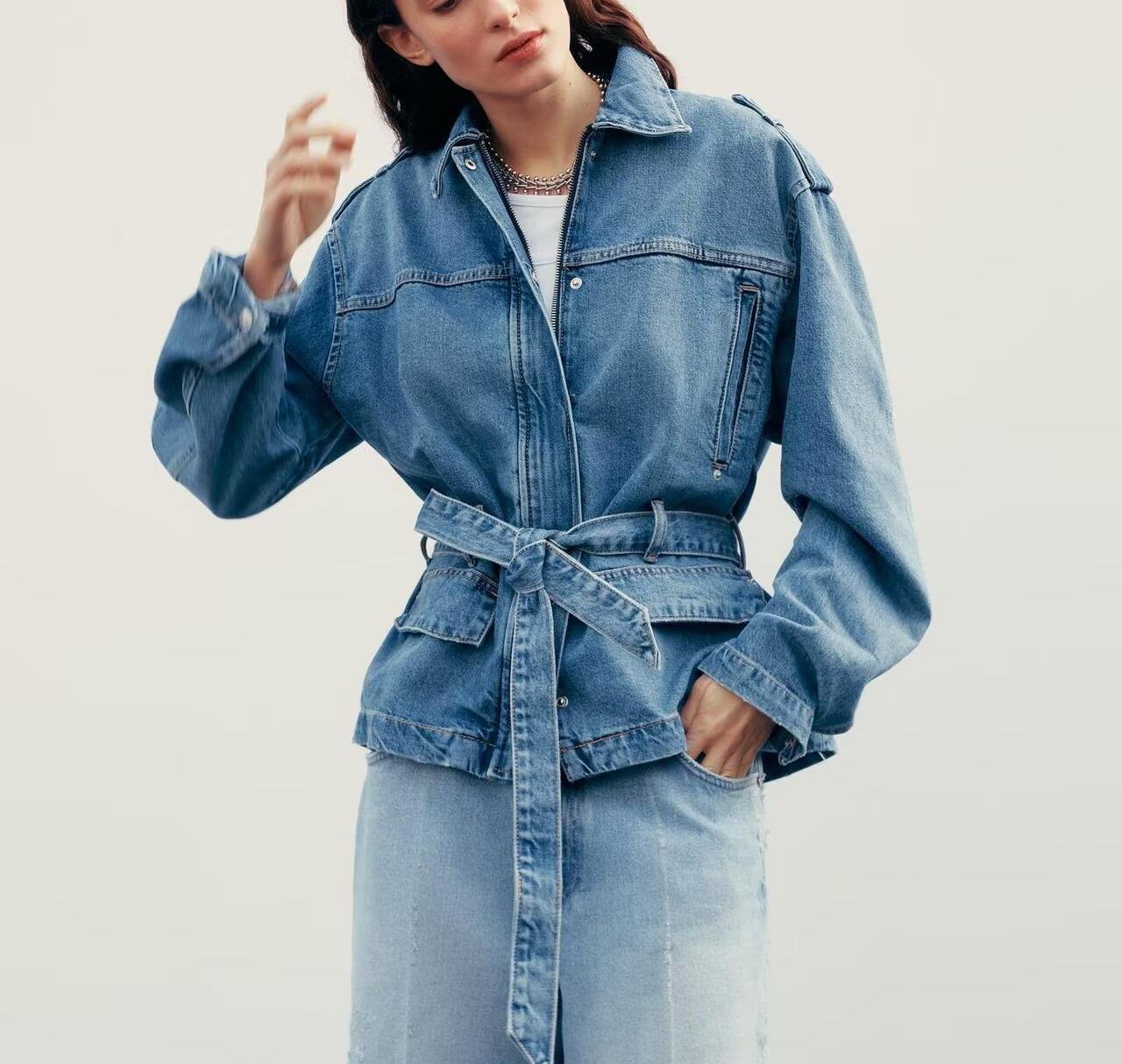 Spring Summer Women Clothing Commuting Lace up Denim Shacket - ALTARIA