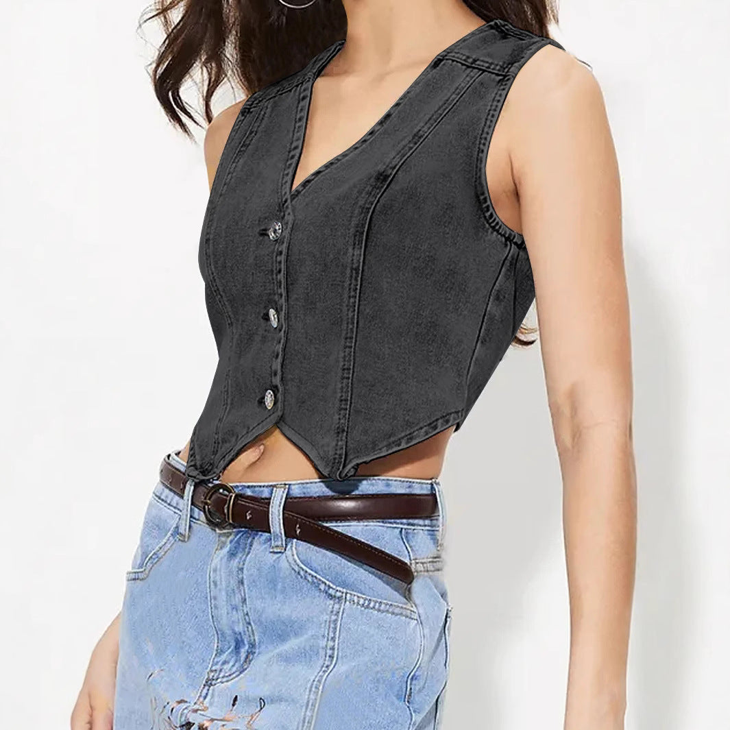 Women Clothing V neck Denim Vest Top - ALTARIA