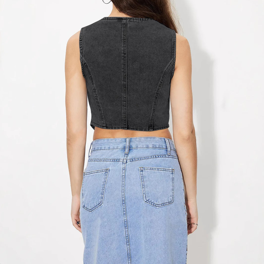 Women Clothing V neck Denim Vest Top - ALTARIA