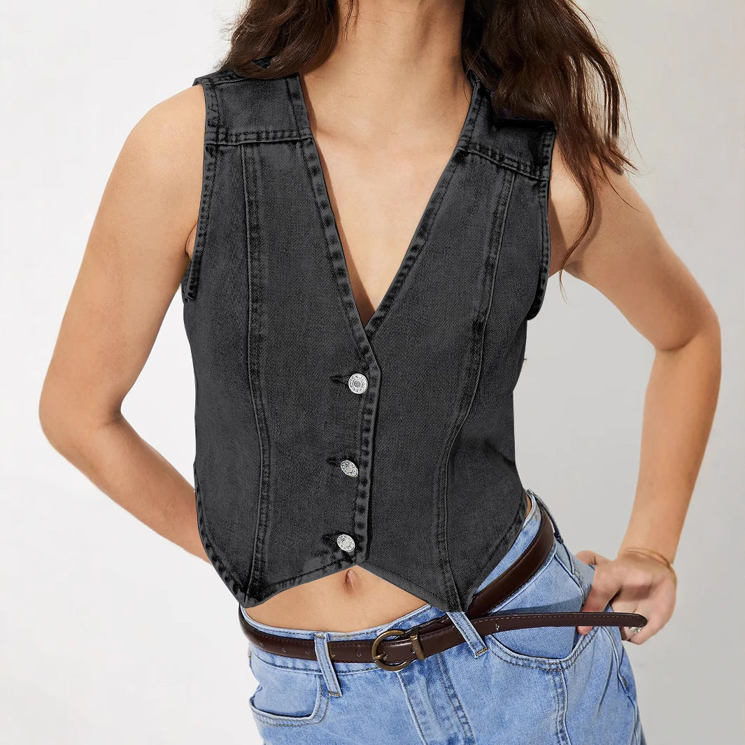 Women Clothing V neck Denim Vest Top - ALTARIA