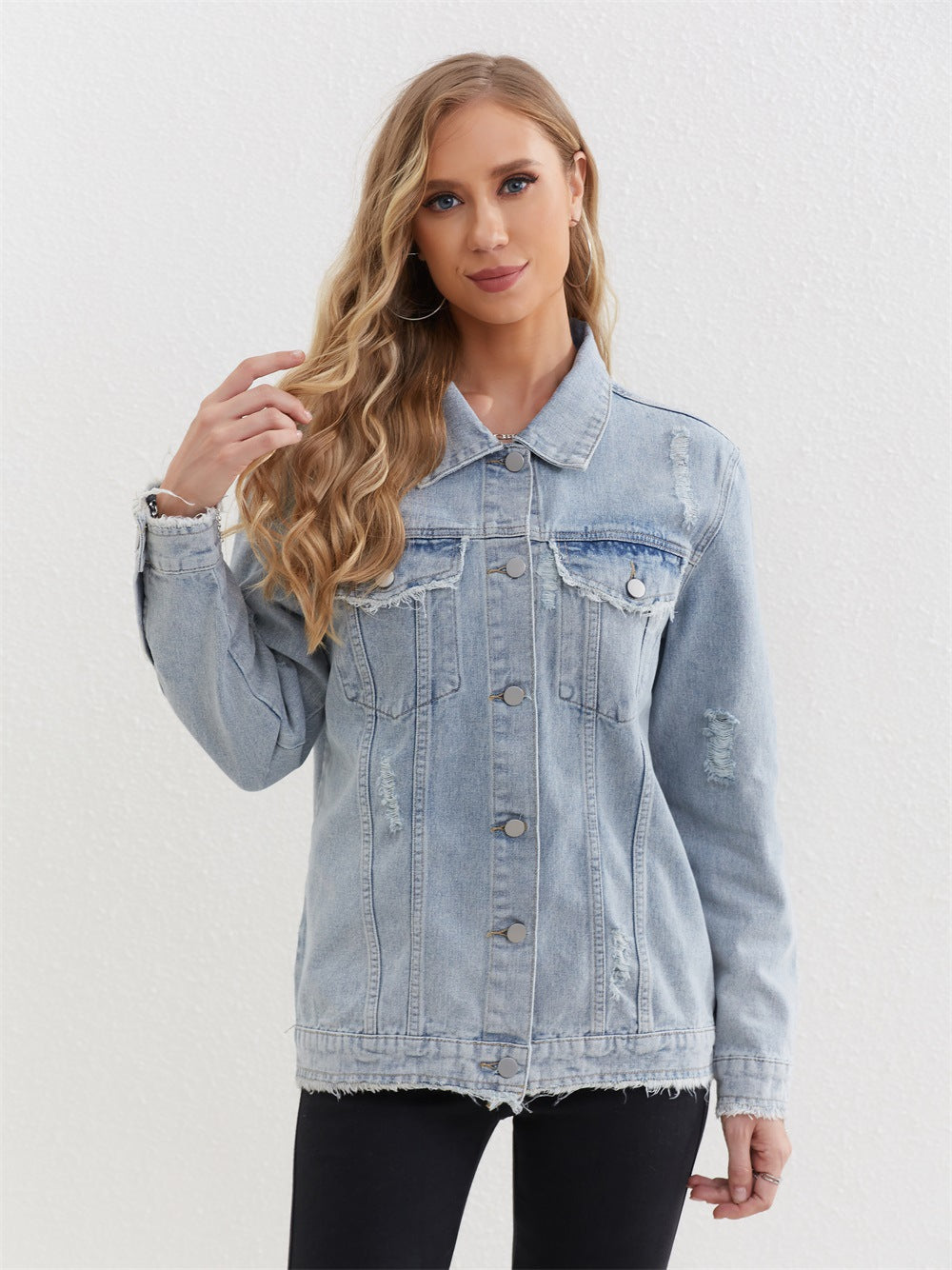 Women Cowboy Coat Loose plus Size Mid Length Frayed Denim Top Coat - ALTARIA