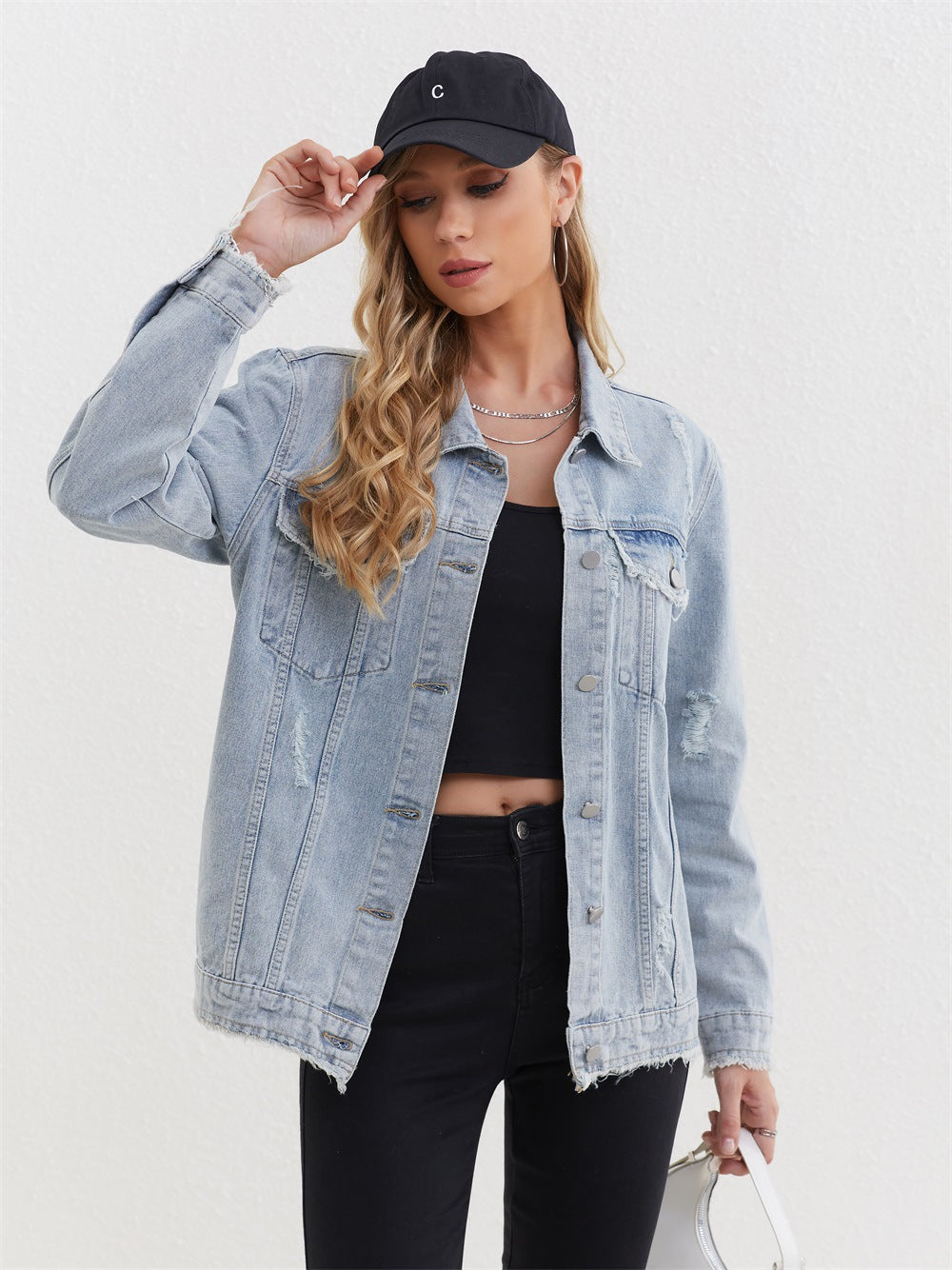 Women Cowboy Coat Loose plus Size Mid Length Frayed Denim Top Coat - ALTARIA