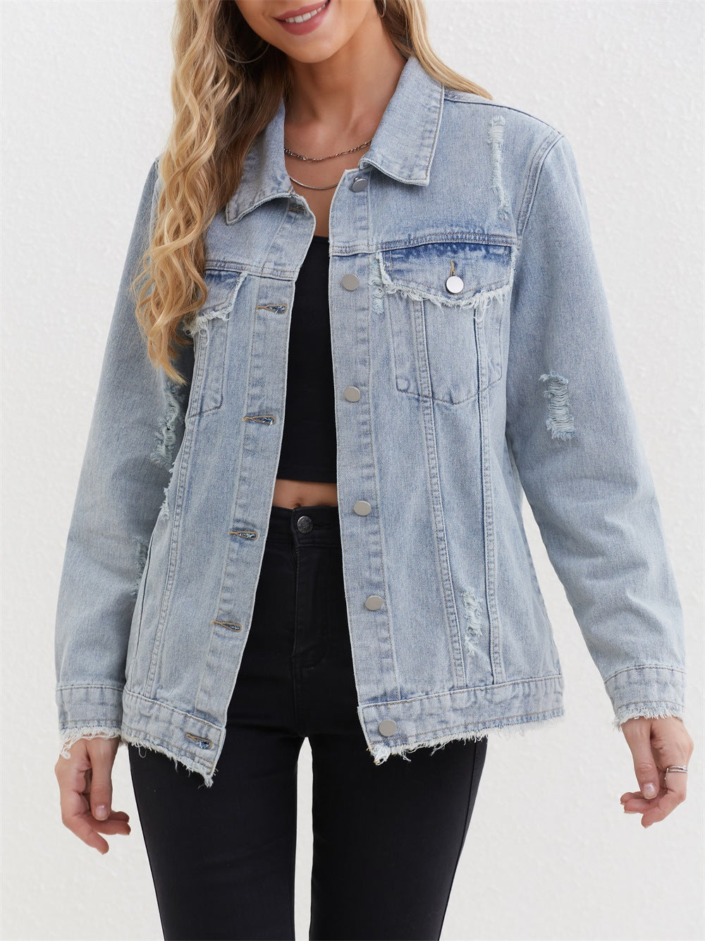 Women Cowboy Coat Loose plus Size Mid Length Frayed Denim Top Coat - ALTARIA