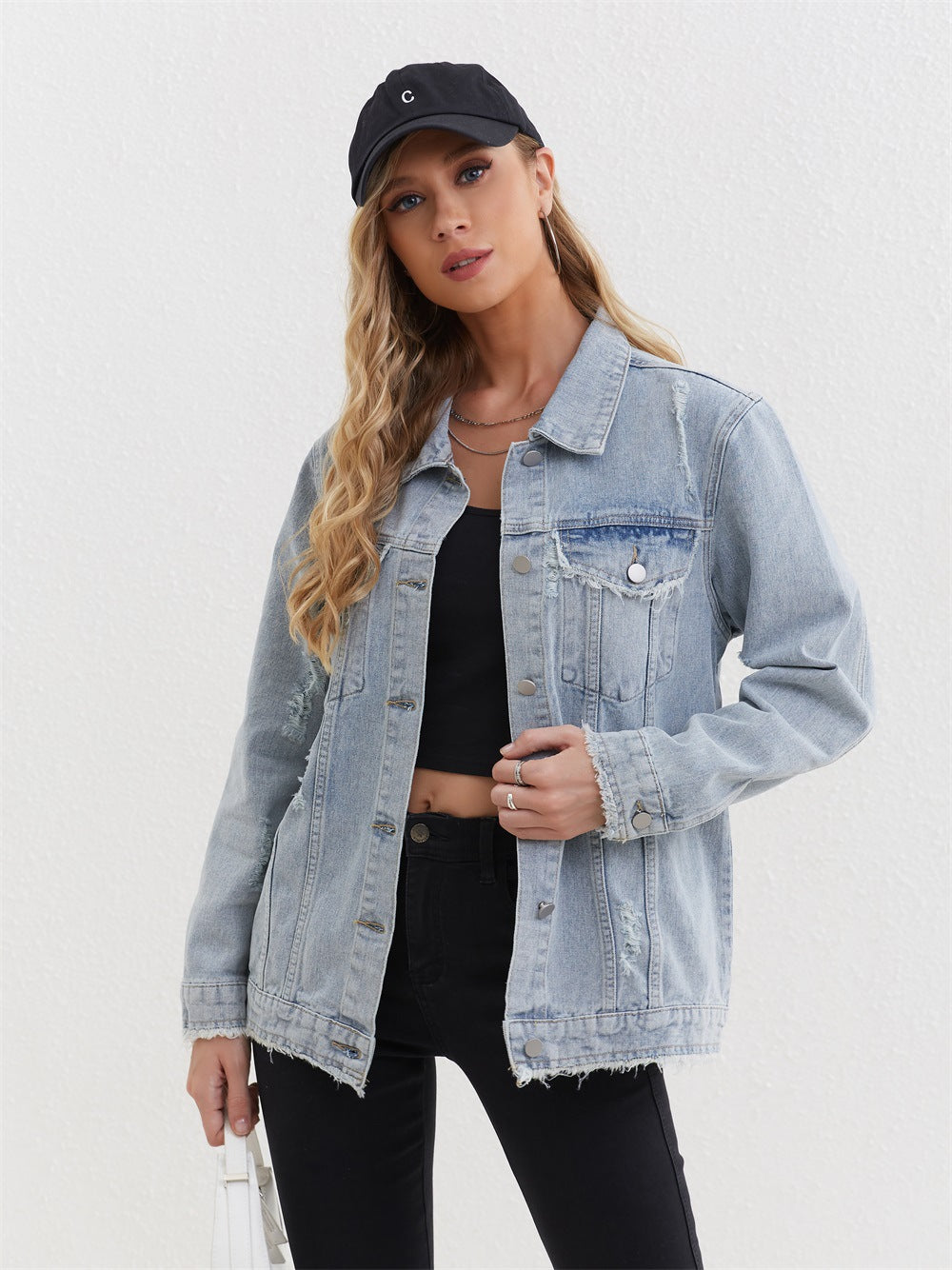Women Cowboy Coat Loose plus Size Mid Length Frayed Denim Top Coat - ALTARIA