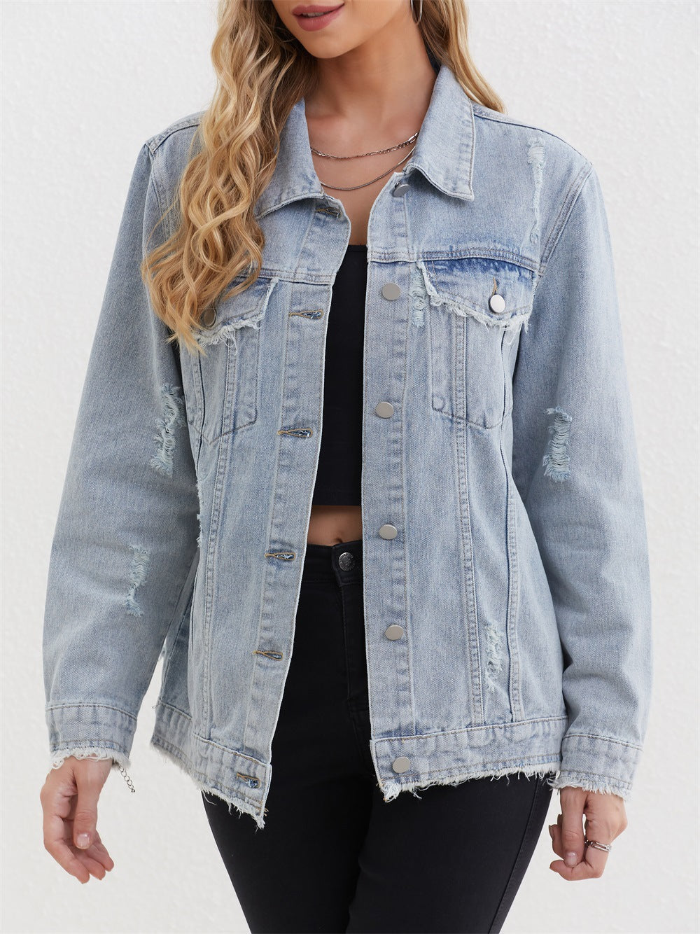 Women Cowboy Coat Loose plus Size Mid Length Frayed Denim Top Coat - ALTARIA
