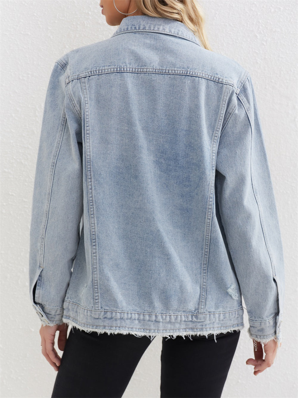 Women Cowboy Coat Loose plus Size Mid Length Frayed Denim Top Coat - ALTARIA