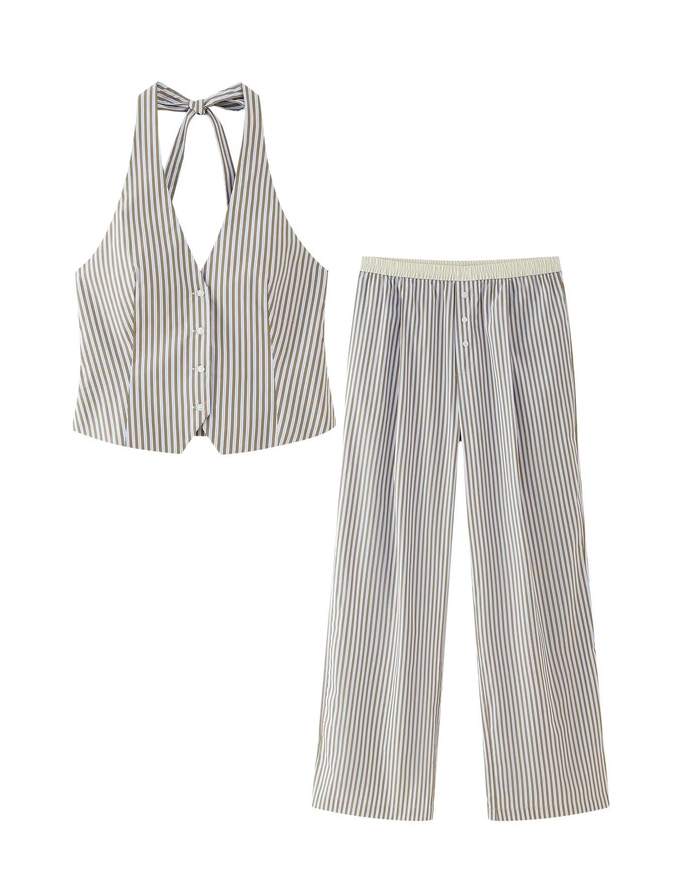 Spring Women Clothing French Contrast Color Striped Pajamas Pants Sets - ALTARIA