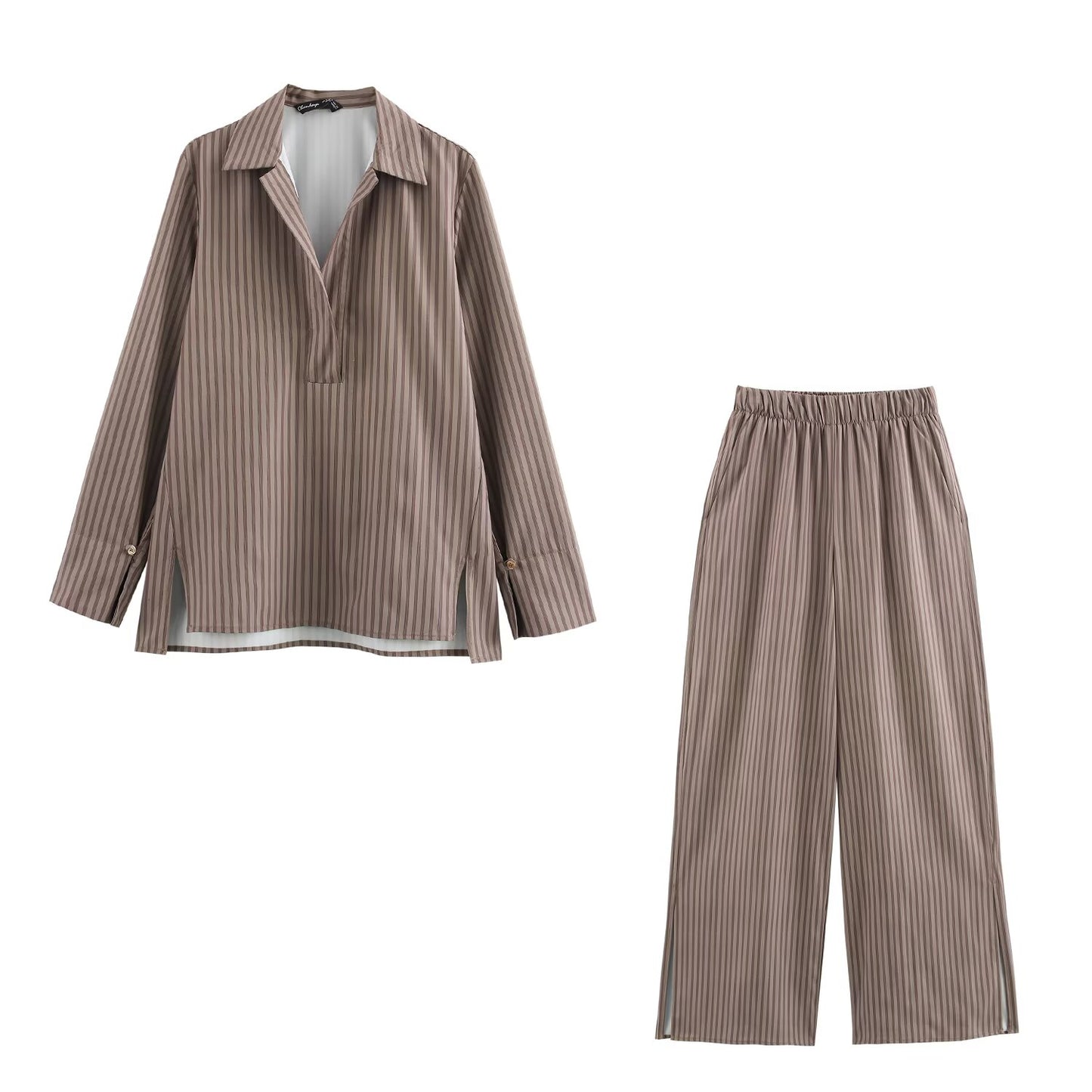 Women Clothing Spring Long Sleeve Loose Striped Shirt High Waist Wide Leg Pants - ALTARIA