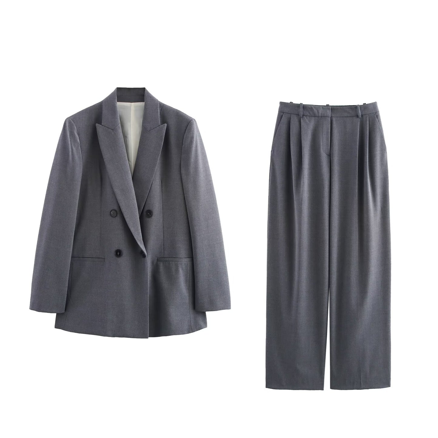 Women Double Breasted Blazer with Padded Shoulder Pant Sets - ALTARIA