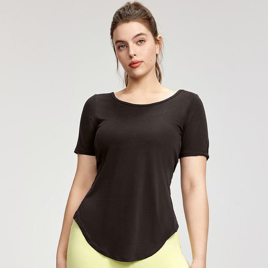 Plus Size Blouse Women Backless Twist Yoga T shirt Short Sleeve Plump Girls Lightweight Breathable Sports Fitness Top - ALTARIA