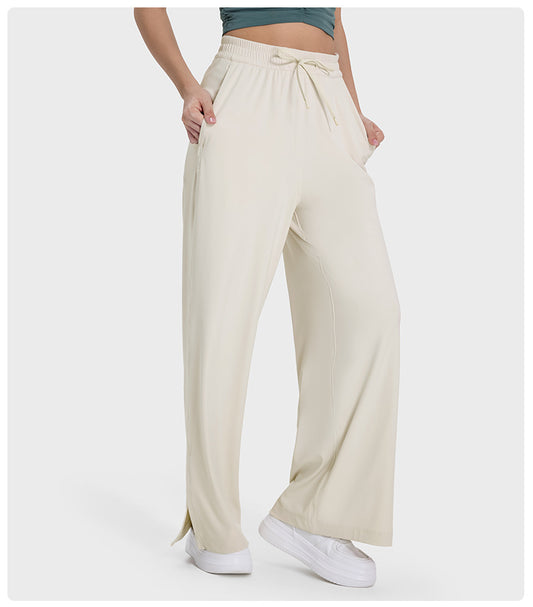 Girdle Drooping Straight Sports Yoga Pants Split Hem Side Pocket Wide Leg Trousers - ALTARIA