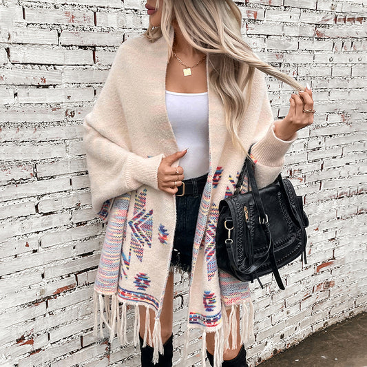 Aztec Sweater Cardigan Women Pop Geometric Abstract Jacquard Ethnic Tassel Shawl - ALTARIA