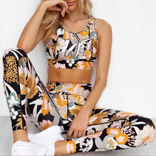Popular Printed Sports Vest Yoga Fitness Summer Suit Women two piece set - ALTARIA