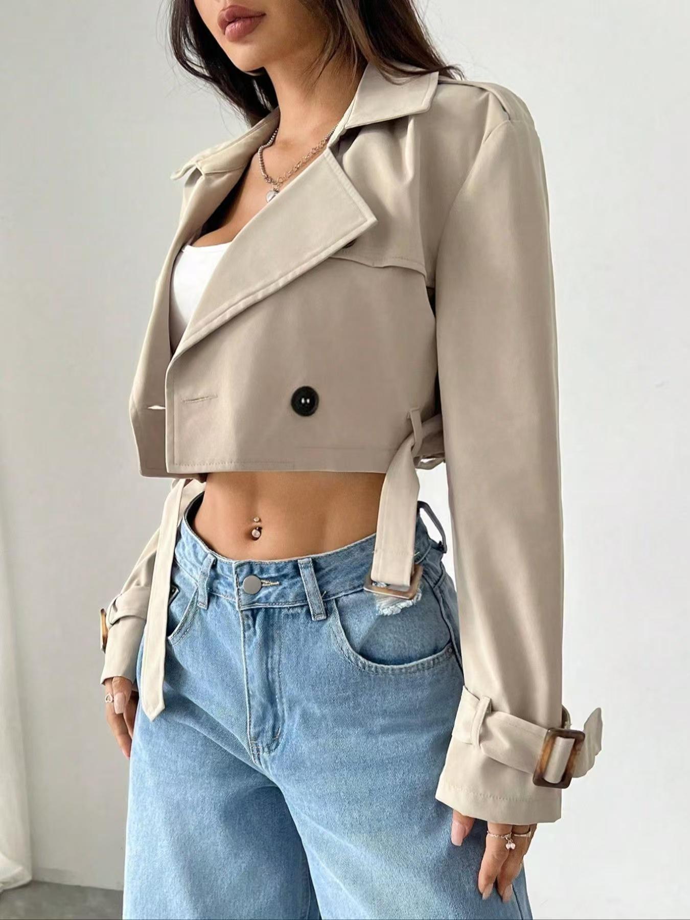 Women Clothing Belt Short Casual Trench Coat - ALTARIA