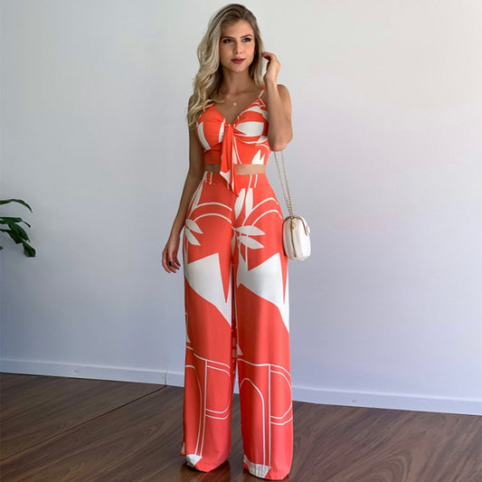 Women Clothing Imitation Linen Casual Sets V neck Short Vest High Waist Print Wide Leg Pants Two Piece Set - ALTARIA