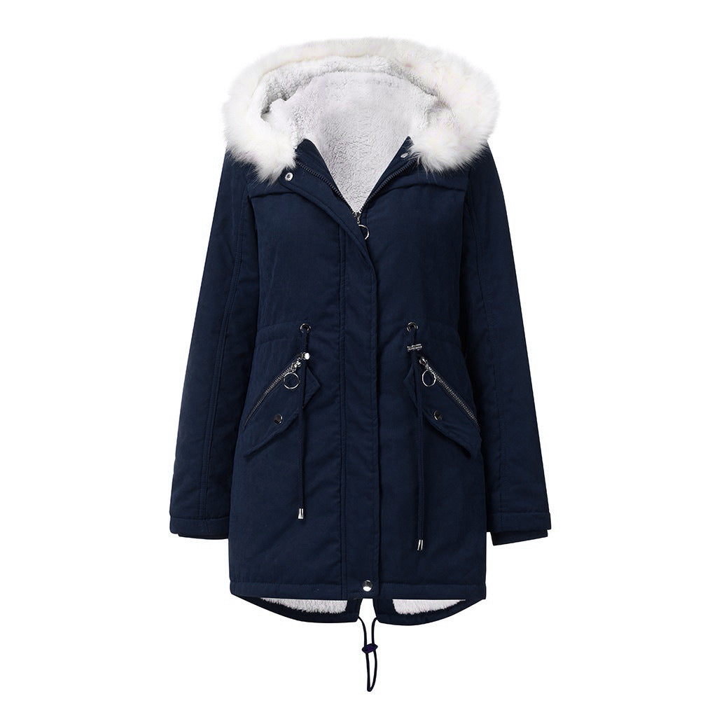 Women Cotton Padded Coat White Fur Collar Parka Mid Length Hooded Winter Warm Velvet Coat Woman Cotton Dress - ALTARIA